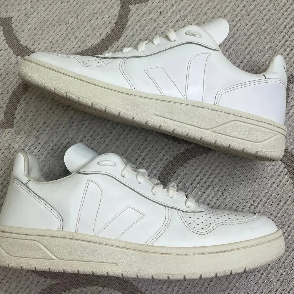 Veja V-10 sneakers all-white leather perforated toes lace.up sneakers, size 10